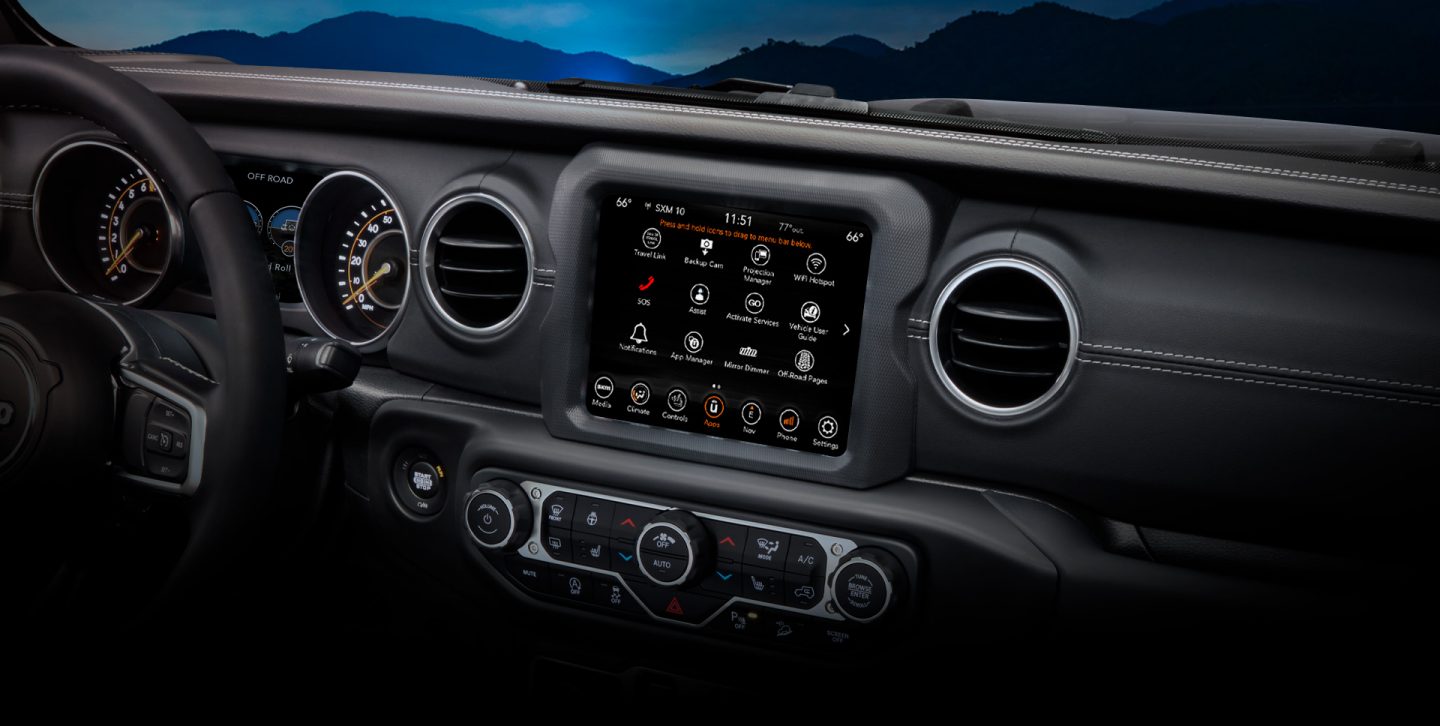 A close-up of the touchscreen in the 2022 Jeep Wrangler Rubicon, displaying the available Navigation screen.