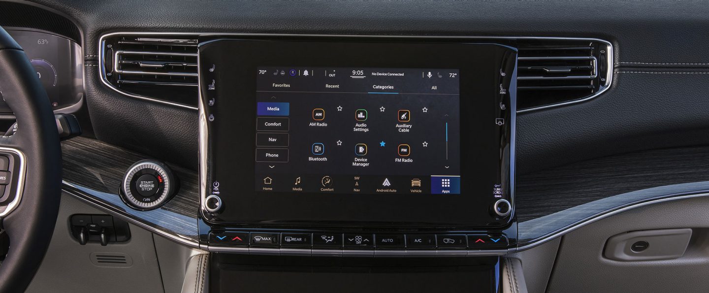 The Uconnect touchscreen in the 2025 Wagoneer displaying a variety of media selections.